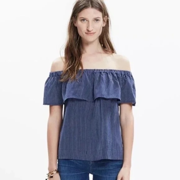 Madewell Navy Blue Silk Satin Balcony Off the Shoulder Top Blouse Ruffle, Size S - Picture 1 of 11